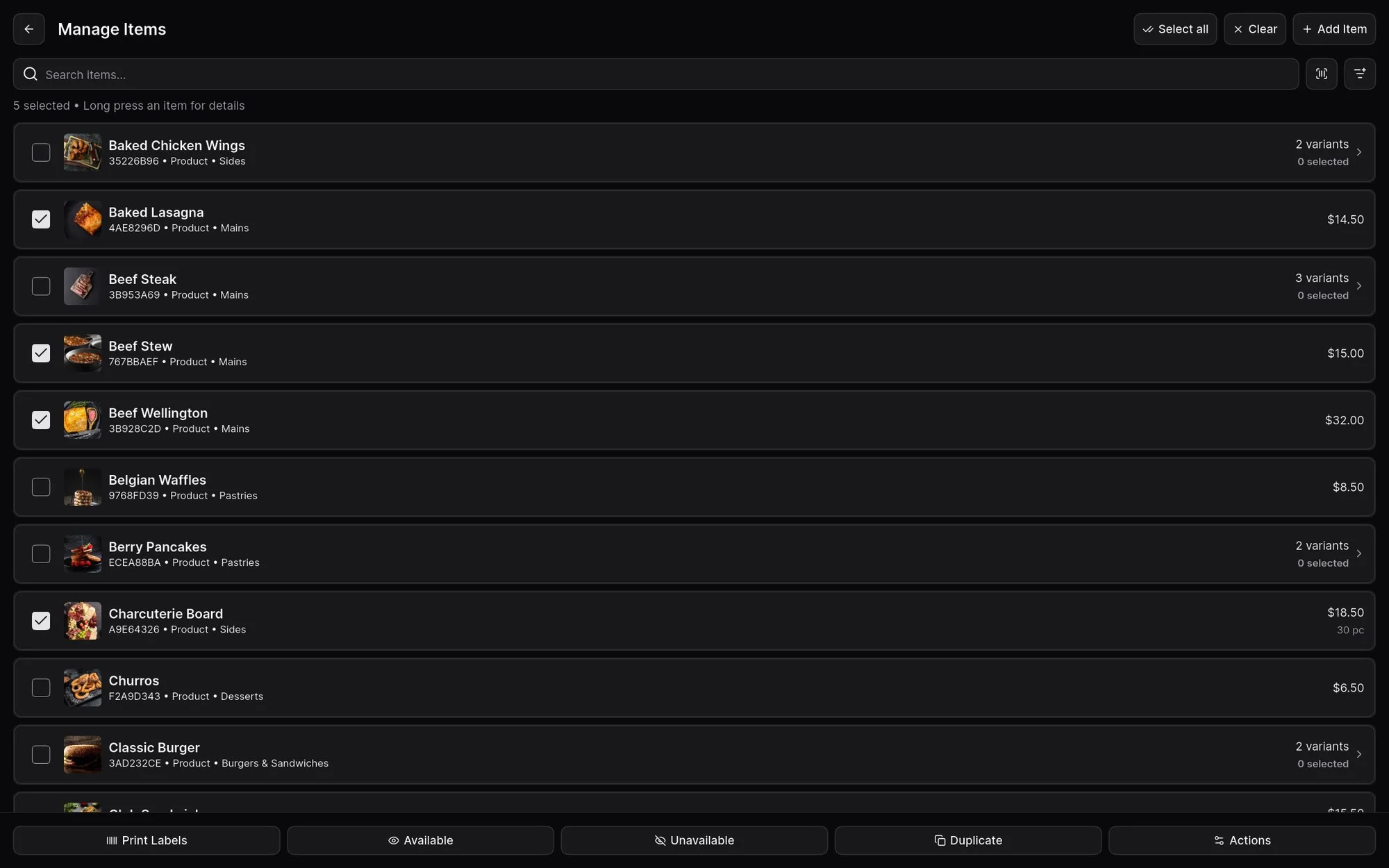 Managing items, with several selected for bulk actions
