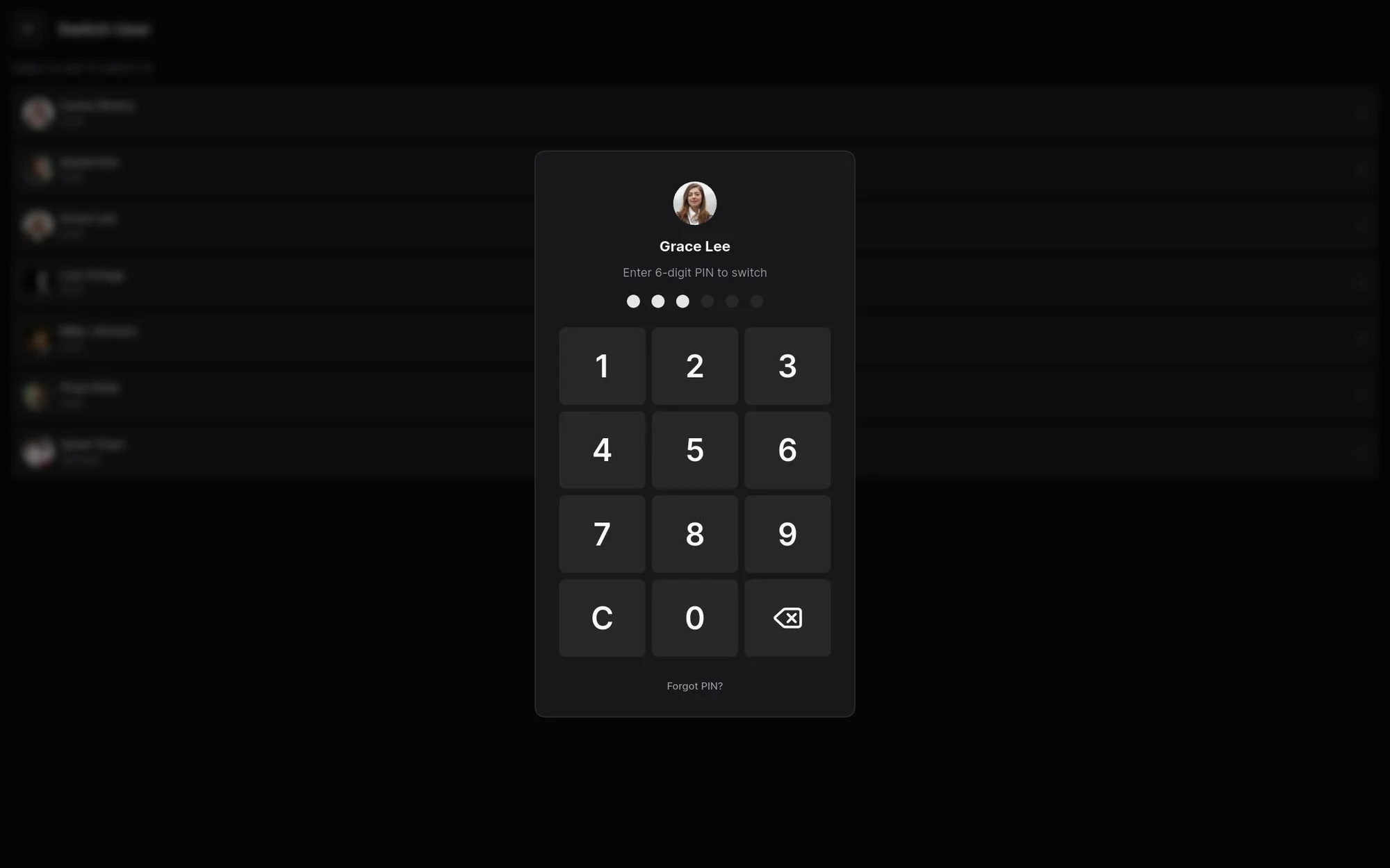 Switching staff with a 6-digit PIN