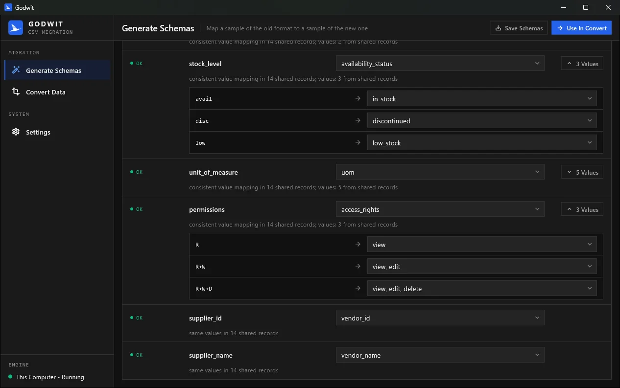 Reviewing value mappings, including grouped values such as R+W+D