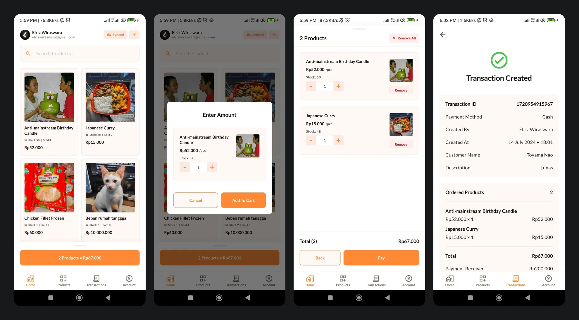 A sale from start to finish: the products, the amount, the cart and the finished transaction