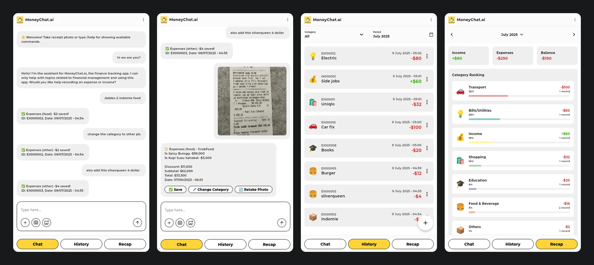 The chat, a receipt waiting for confirmation, the history and the monthly recap